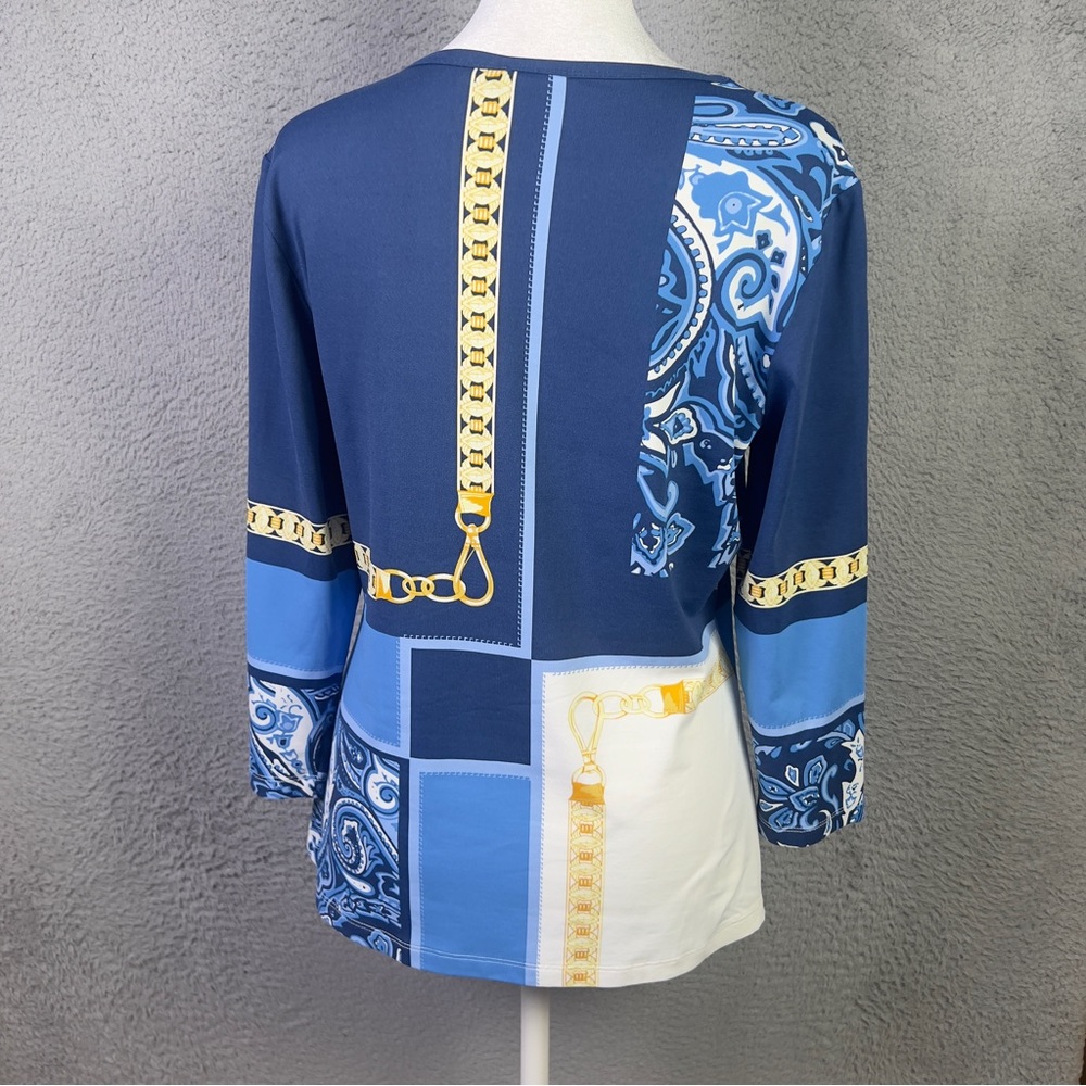 J Mclaughlin Top Womens Medium Blue Printed Catalina Cloth 3/4 Sleeve Preppy - Picture 3 of 6